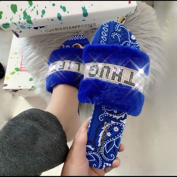 THUG LIFE Faux Fur Blue Bandana Slide - Picture 8 of 12